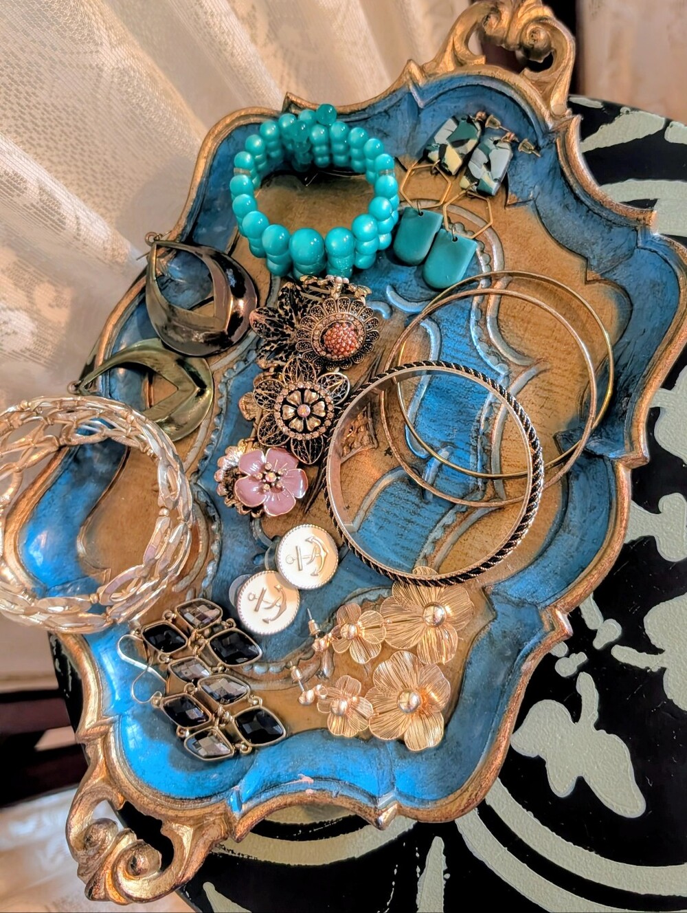 lot Vintage-Inspired Mixed Metal Jewelry Tray with Assorted Bracelets & Earrings
